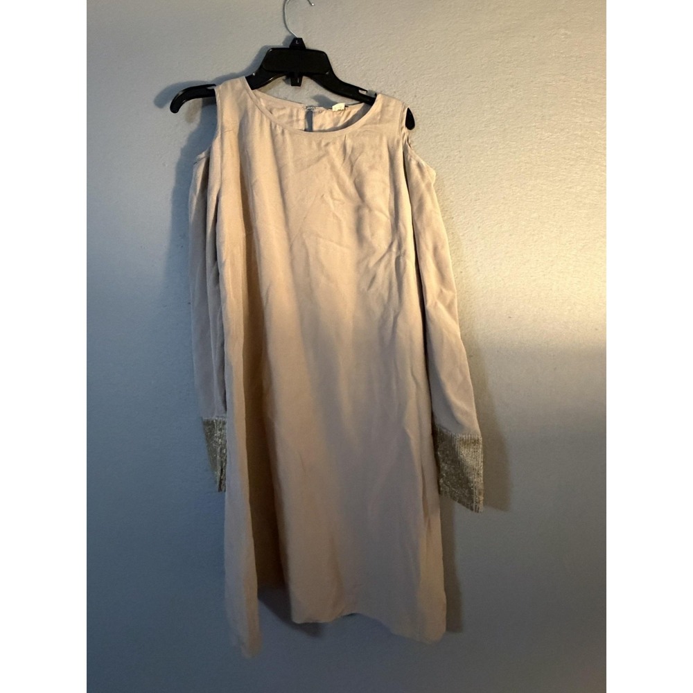 Hoss Intropia Dress Womens 38 Beige Silk Cold Shoulder Long Sleeve Shift Party